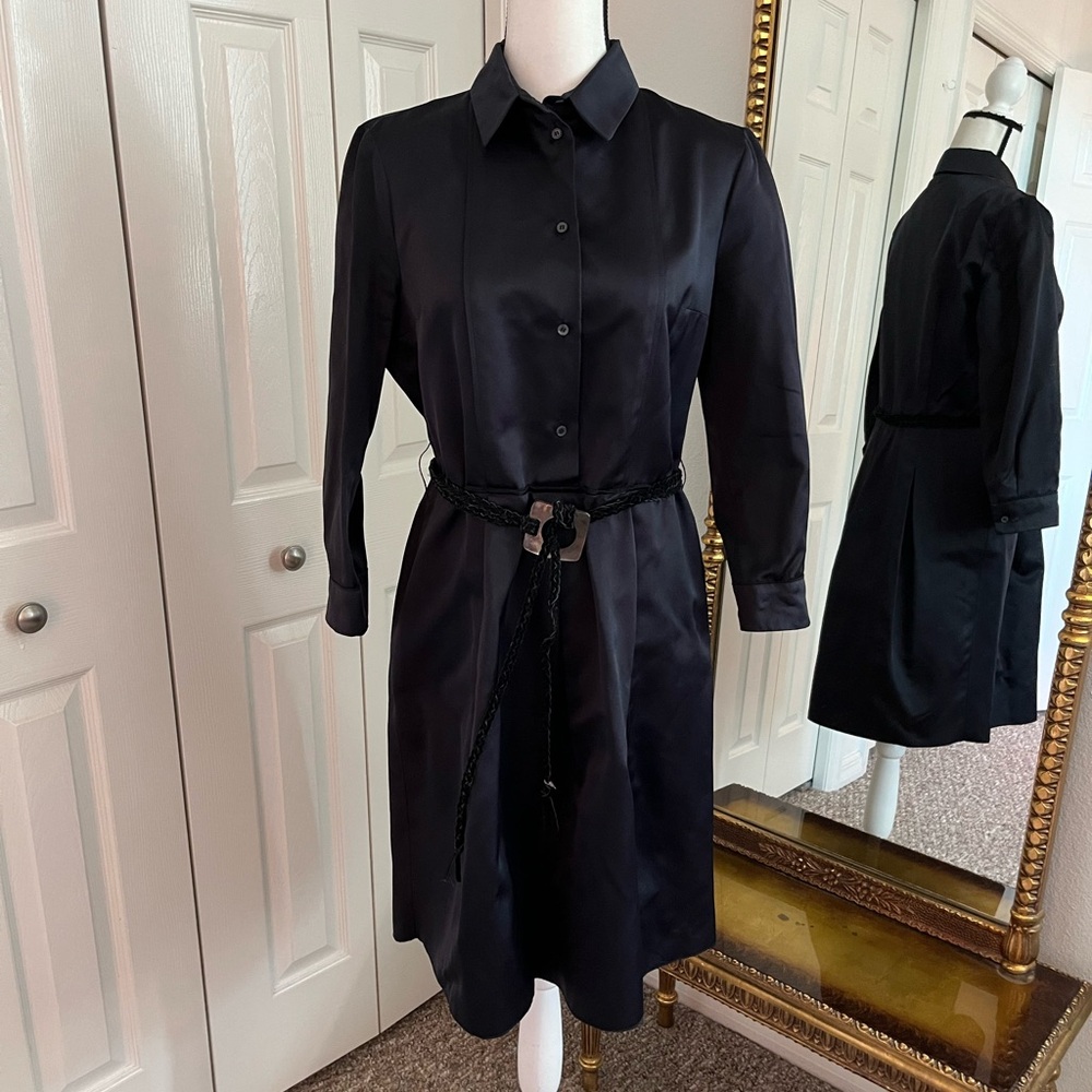 Jil Sander Navy Blue 100% Silk Satin Long Sleeve Shirt Dress w/Belt Sz IT42/US6
